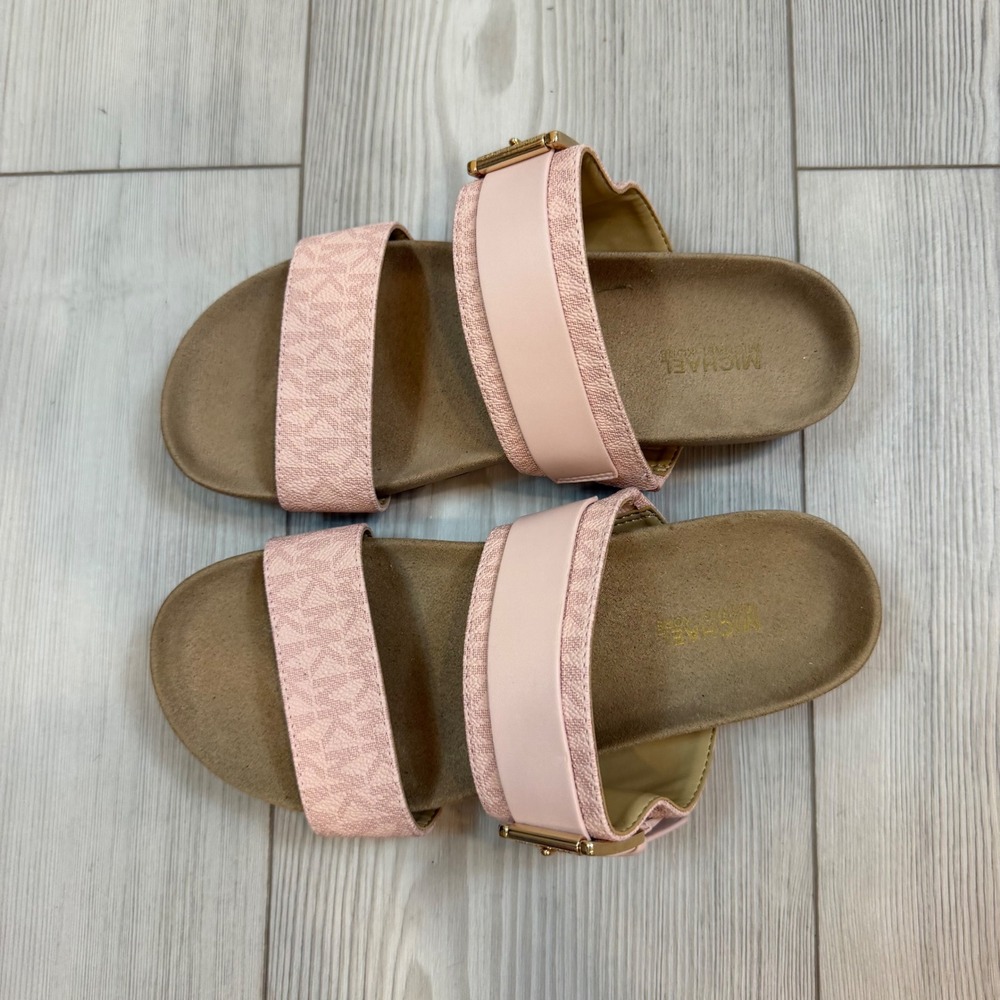 NEW Michael Kors Pink MK Logo Buckle Slide Sandals Mylah Leather Sandal 6.5M - Picture 2 of 8